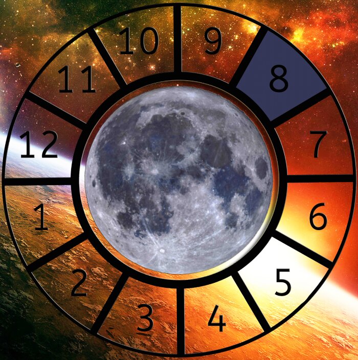 The Moon shown within a Astrological House wheel highlighting the 8th House